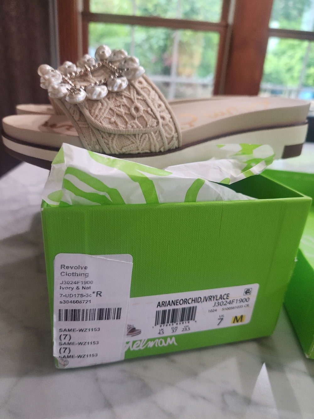 Sam Edelman Beize Lace Ivory Beaded Knit Slide Sandals, BRAND NEW w BOX.